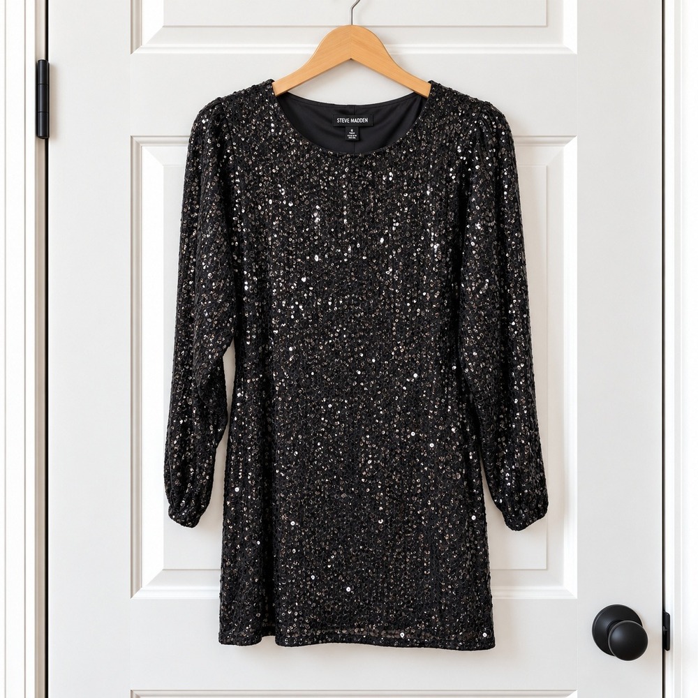 Steve Madden Sequin Long Sleeve Mini Party Dress Black Festive Holiday Medium 10